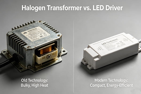 A comparison of a bulky old halogen transformer and a compact modern LED driver.